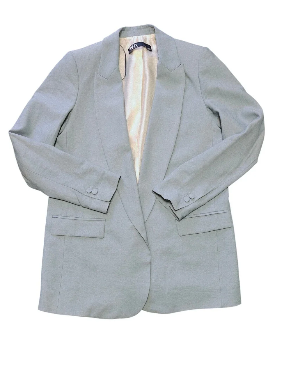Zara Satin Effect Blazer Open Front Light Baby Blue Pastel Jacket Work  Size M